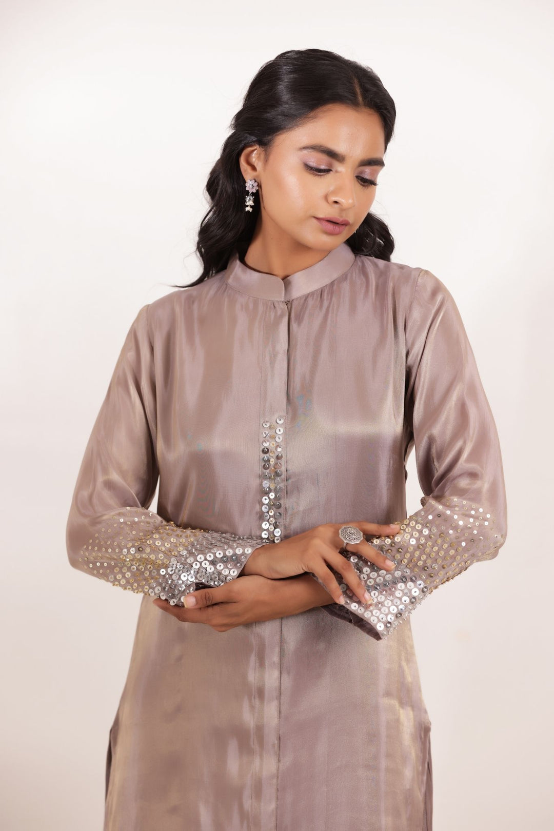 Tissue Kurta Set Stitched Embellished with Sequins work