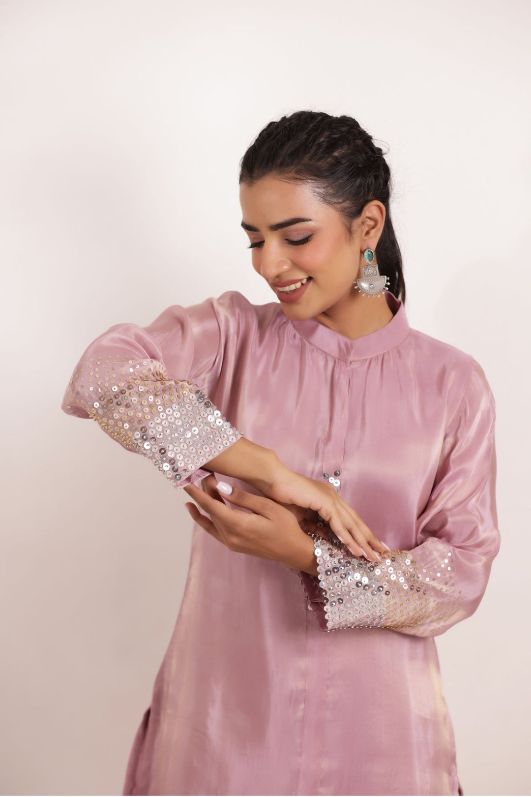 Tissue Kurta Set Stitched Embellished with Sequins work