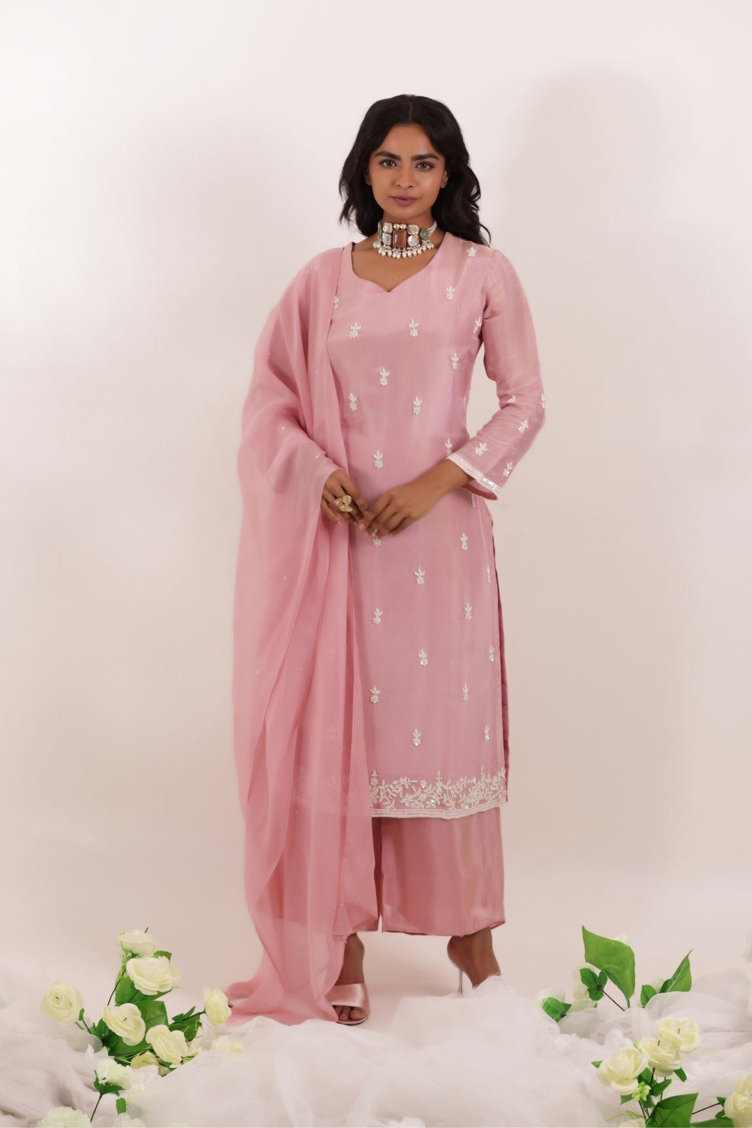 Tissue Straight Suit with Embellished work