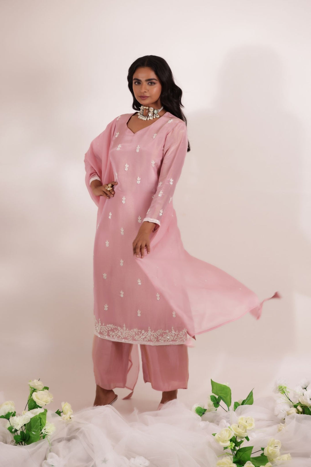 Tissue Straight Suit with Embellished work