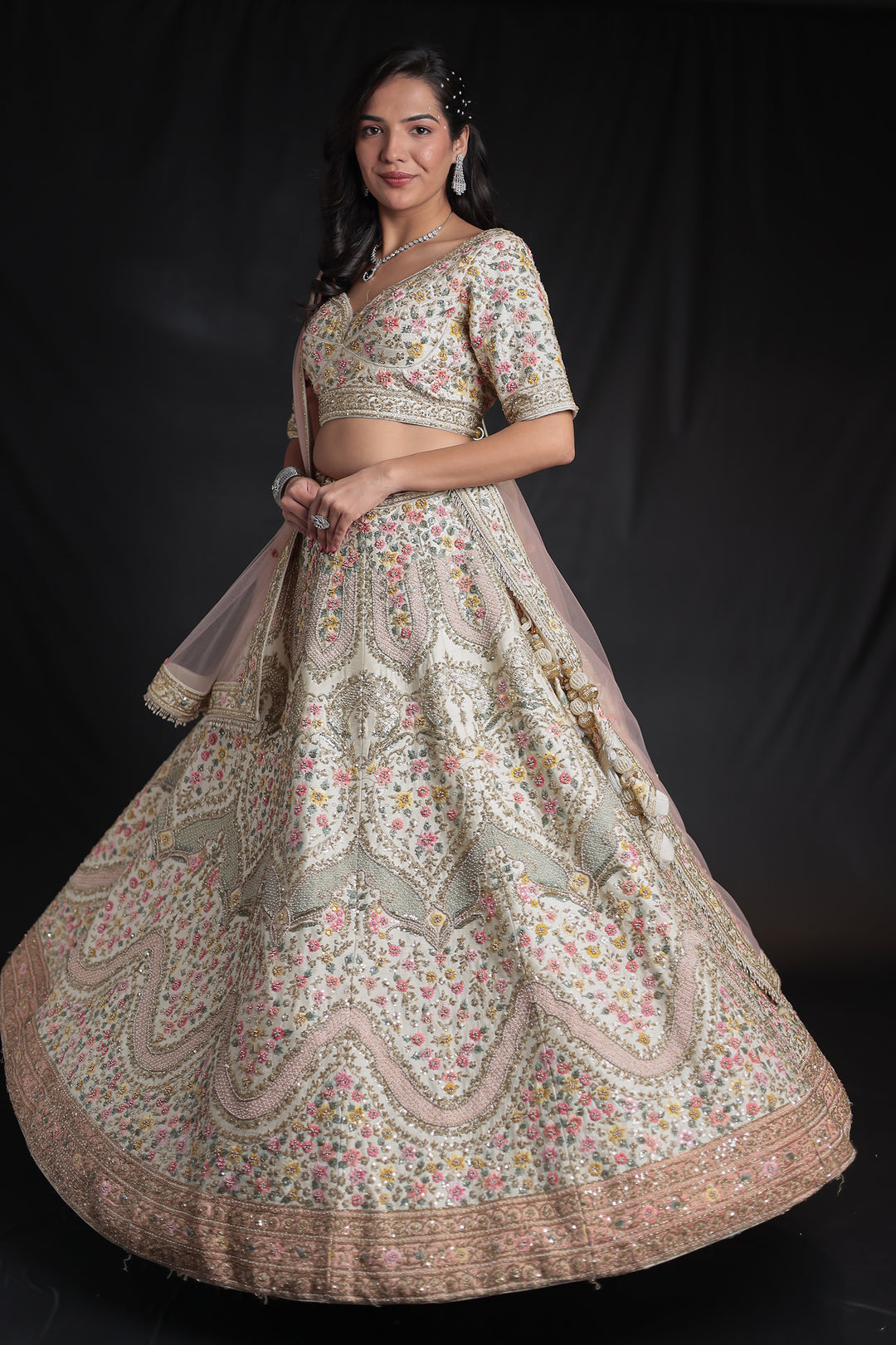 Silk Lehenga Embellished with Thread and Zardozi work