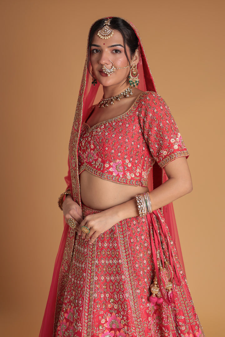 Silk Lehenga Embellished with Floral Motif and Intricate Embroidery