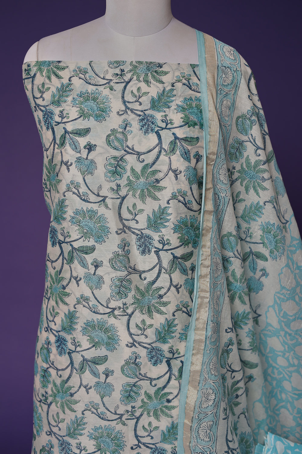 Shop Printed Light Blue Chanderi Suit Online at Zari Jaipur