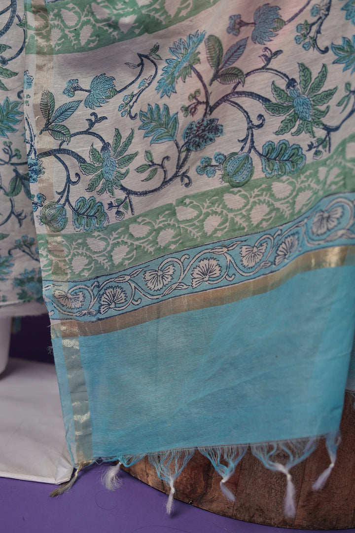 Buy Printed Light Blue Chanderi Suit Set at Zari Jaipur