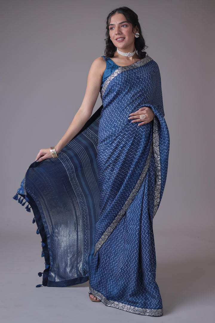 Printed Silk Saree with Embroidered Border