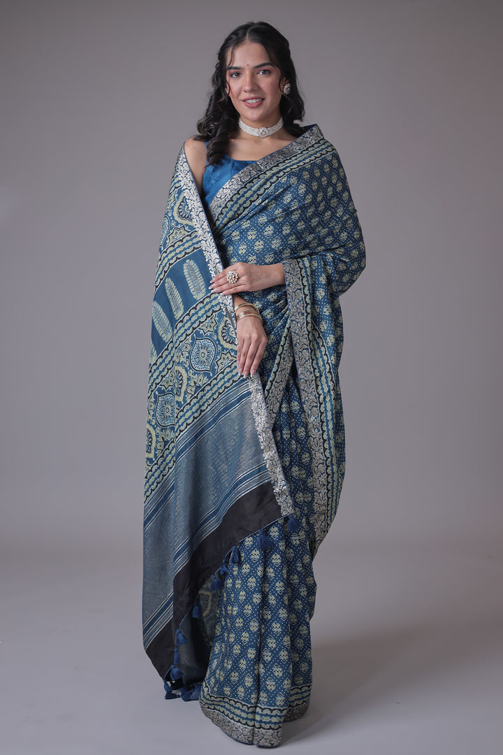 Printed Silk Saree with Embroidered Border