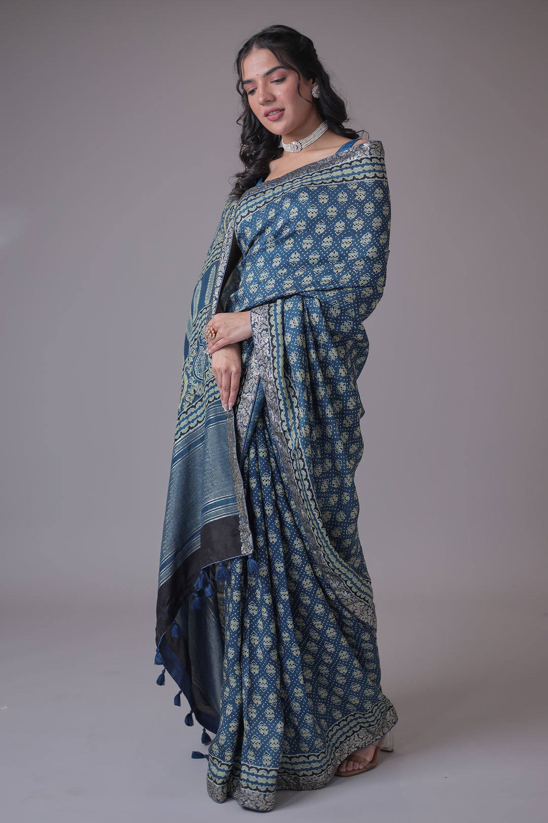 Printed Silk Saree with Embroidered Border