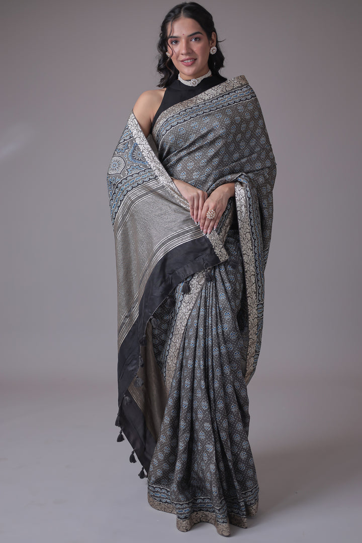 Printed Silk Saree with Embroidered Border