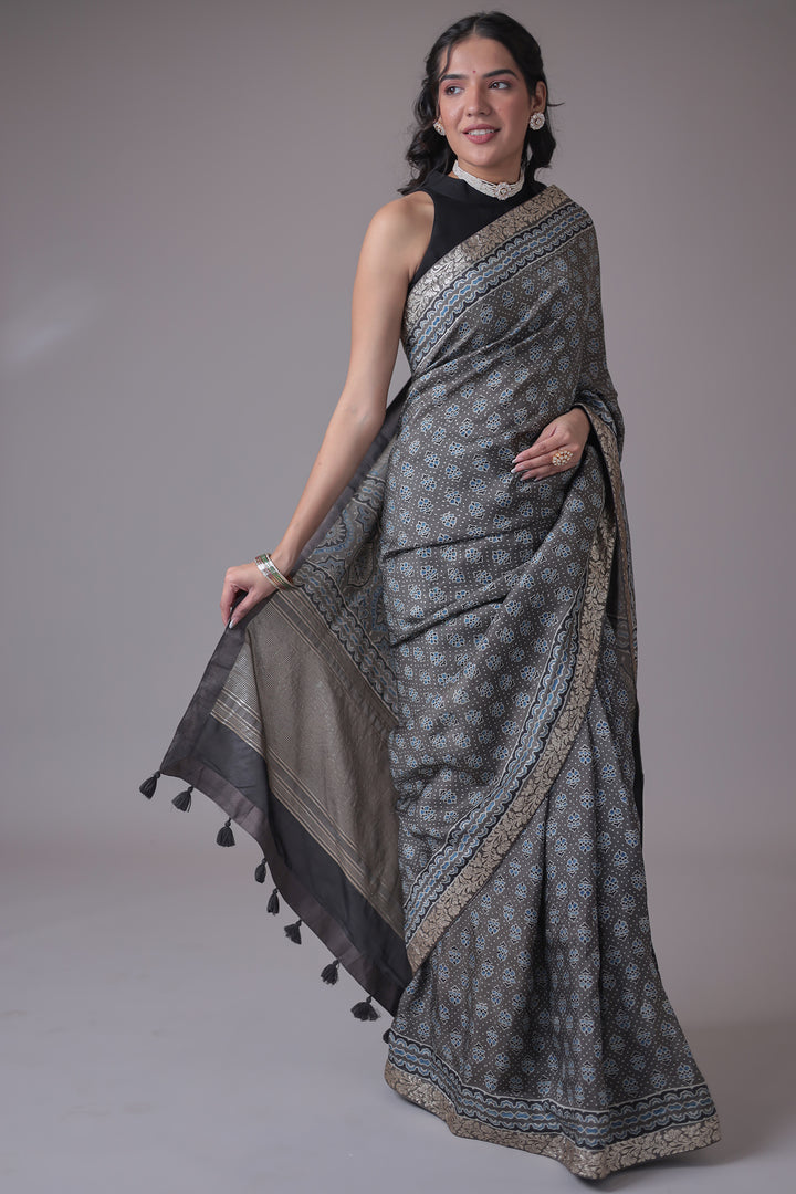 Printed Silk Saree with Embroidered Border