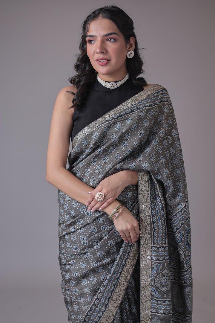 Printed Silk Saree with Embroidered Border