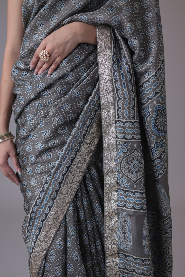 Printed Silk Saree with Embroidered Border