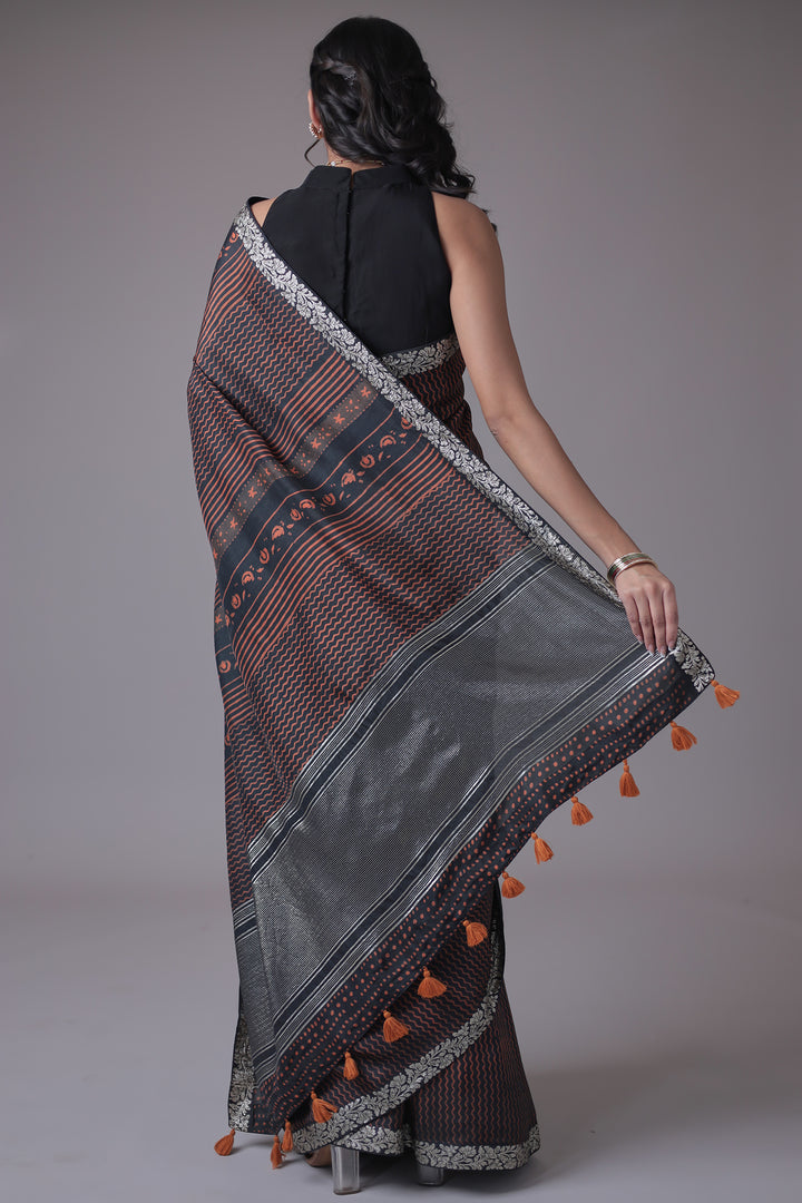 Printed Silk Saree with Embroidered Border