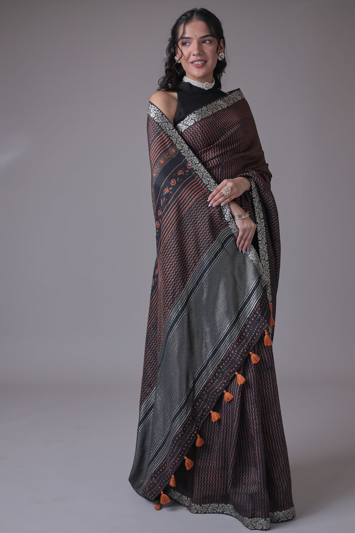 Printed Silk Saree with Embroidered Border