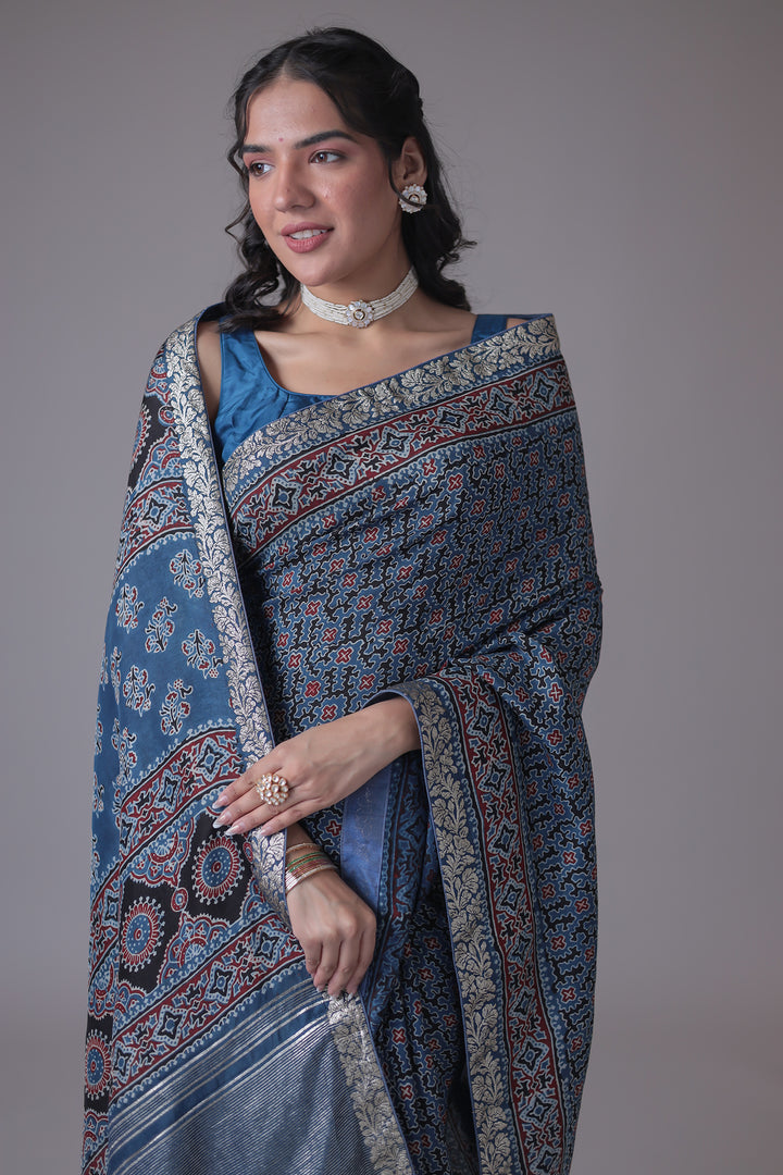 Printed Silk Saree with Embroidered Border