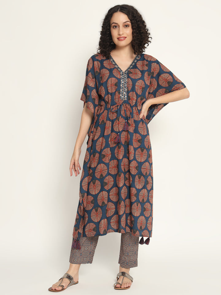 Printed Cotton Kaftan Set with Mirror work