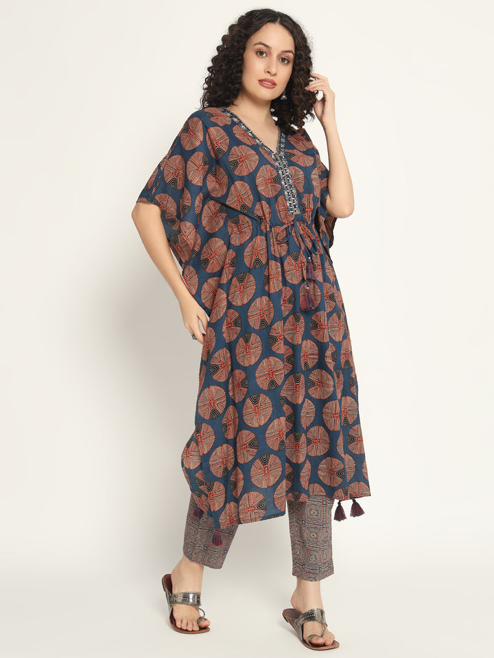 Printed Cotton Kaftan Set with Mirror work