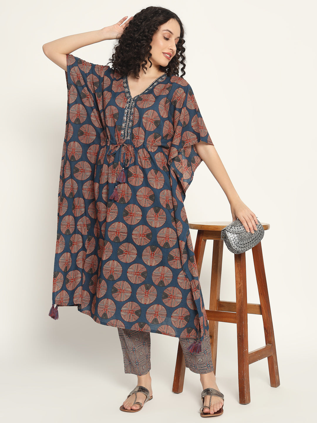 Printed Cotton Kaftan Set with Mirror work