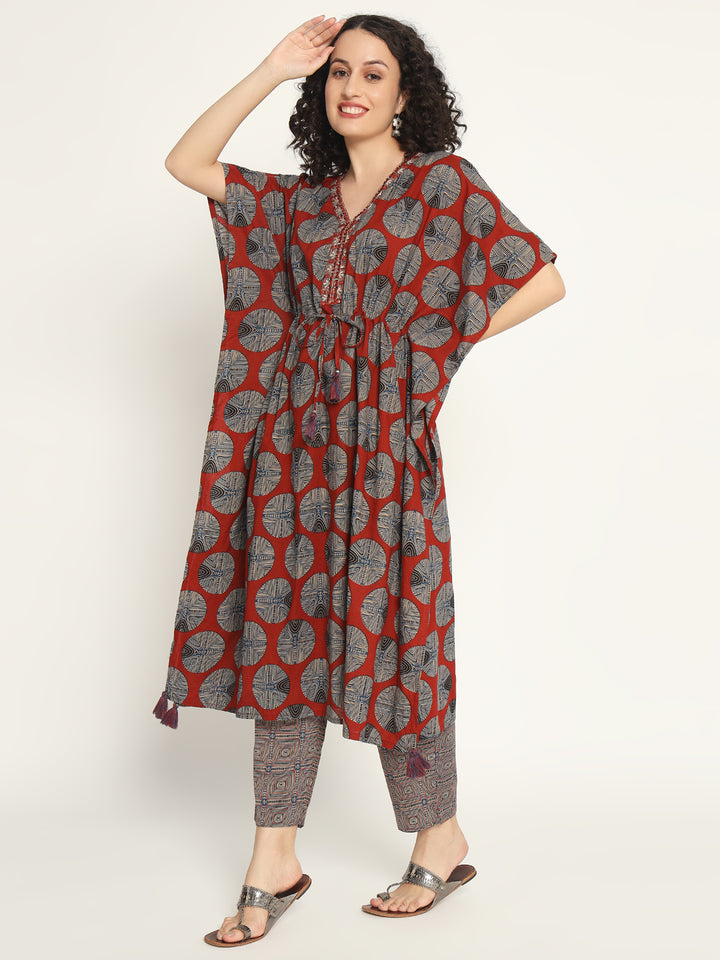 Printed Cotton Kaftan Set with Mirror work