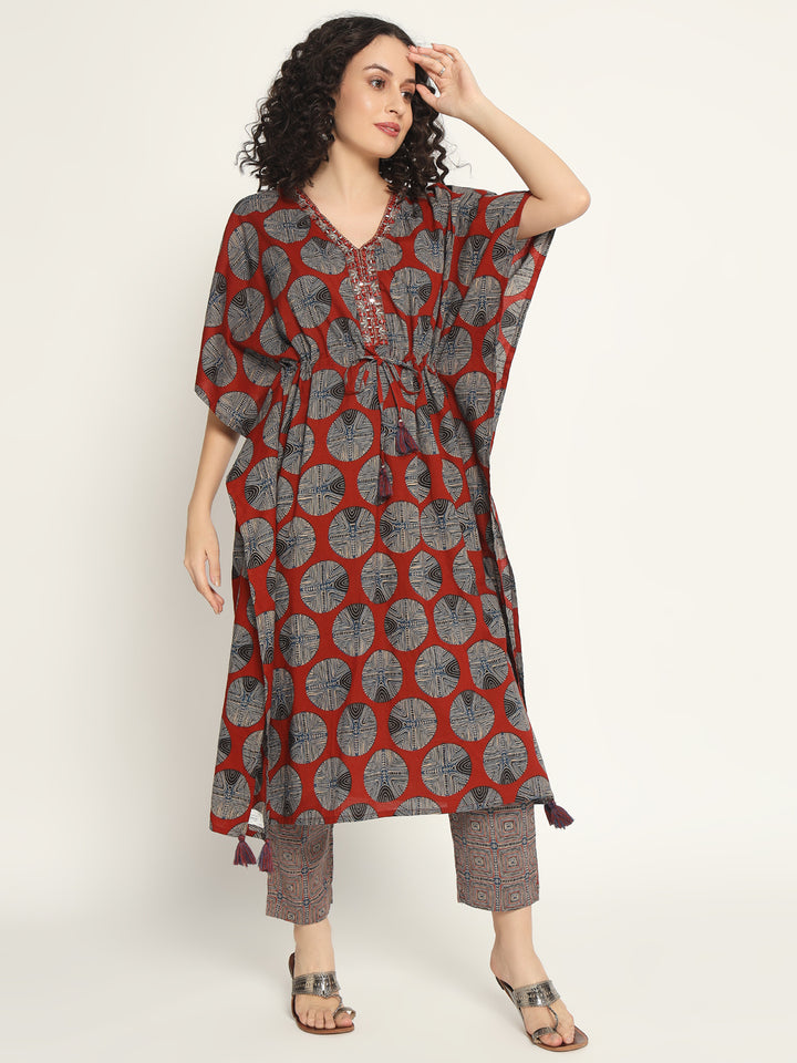 Printed Cotton Kaftan Set with Mirror work