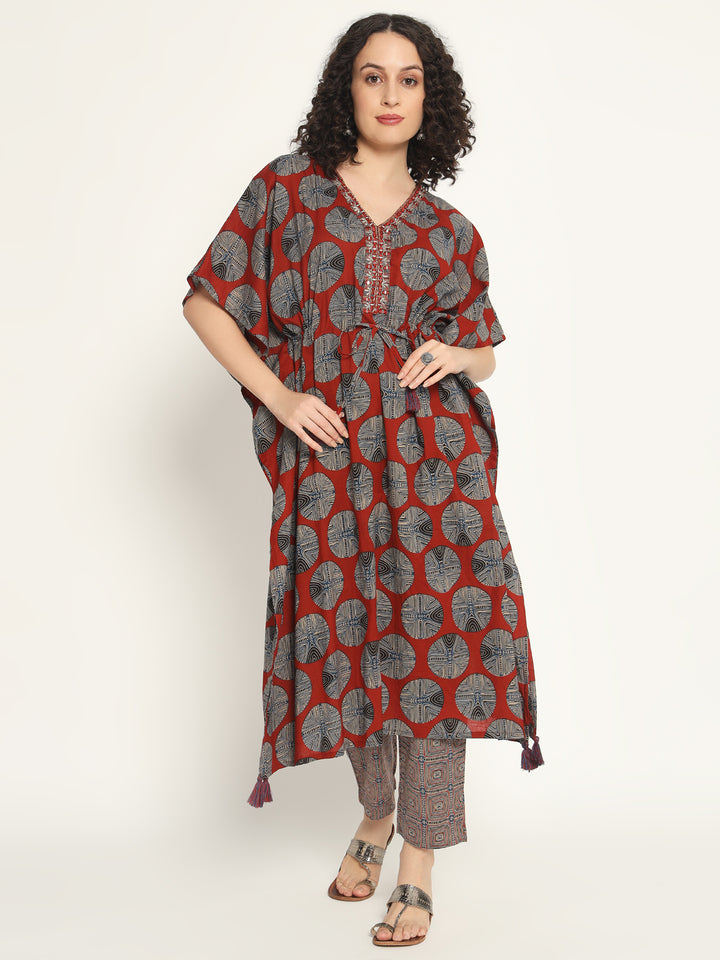 Printed Cotton Kaftan Set with Mirror work