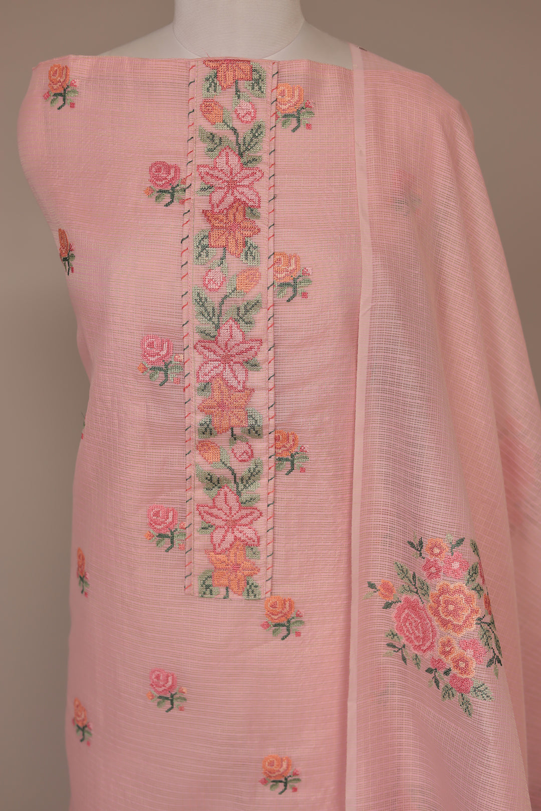 Kota Doria Unstitched Suit with Thread work