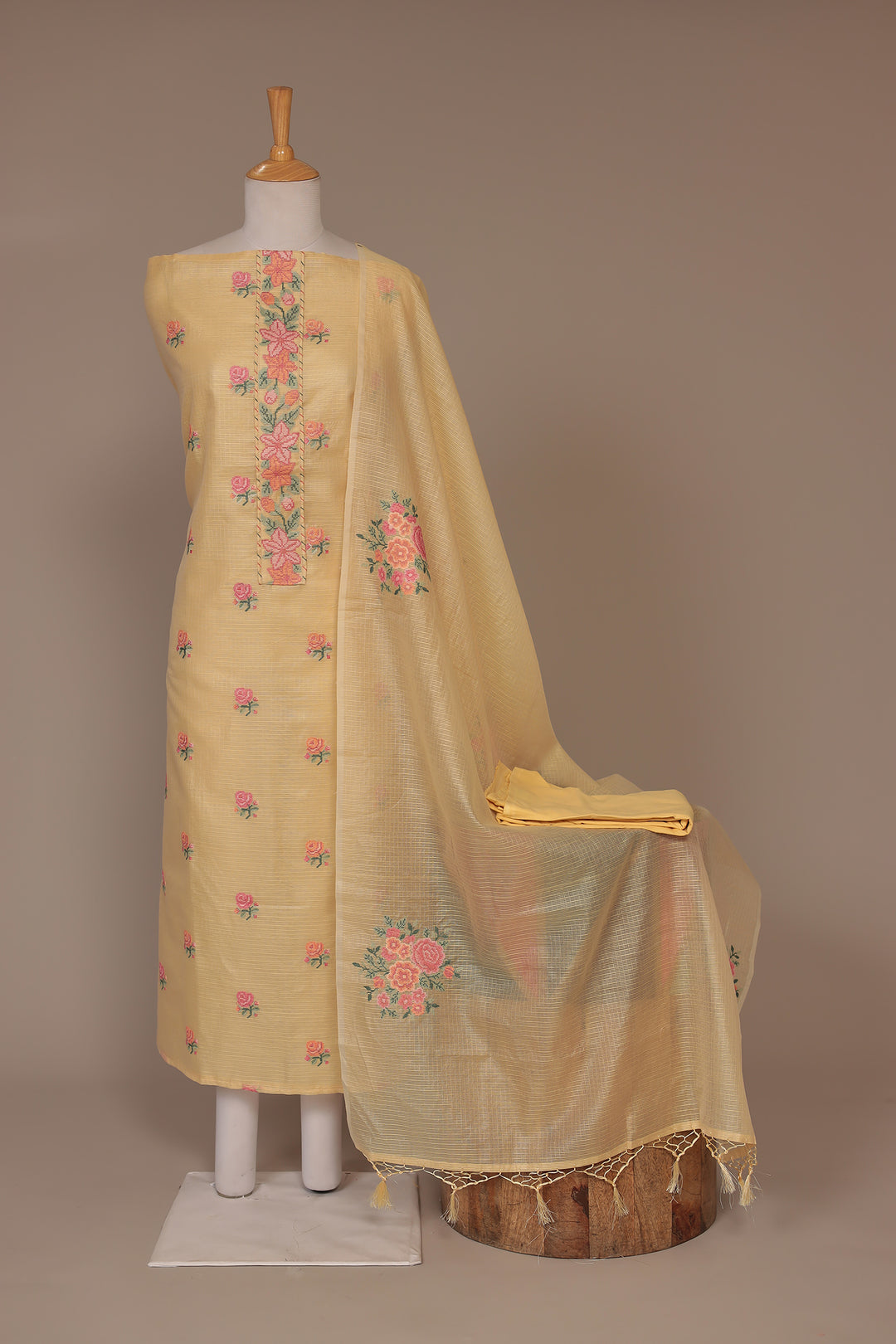 Kota Doria Unstitched Suit with Thread work