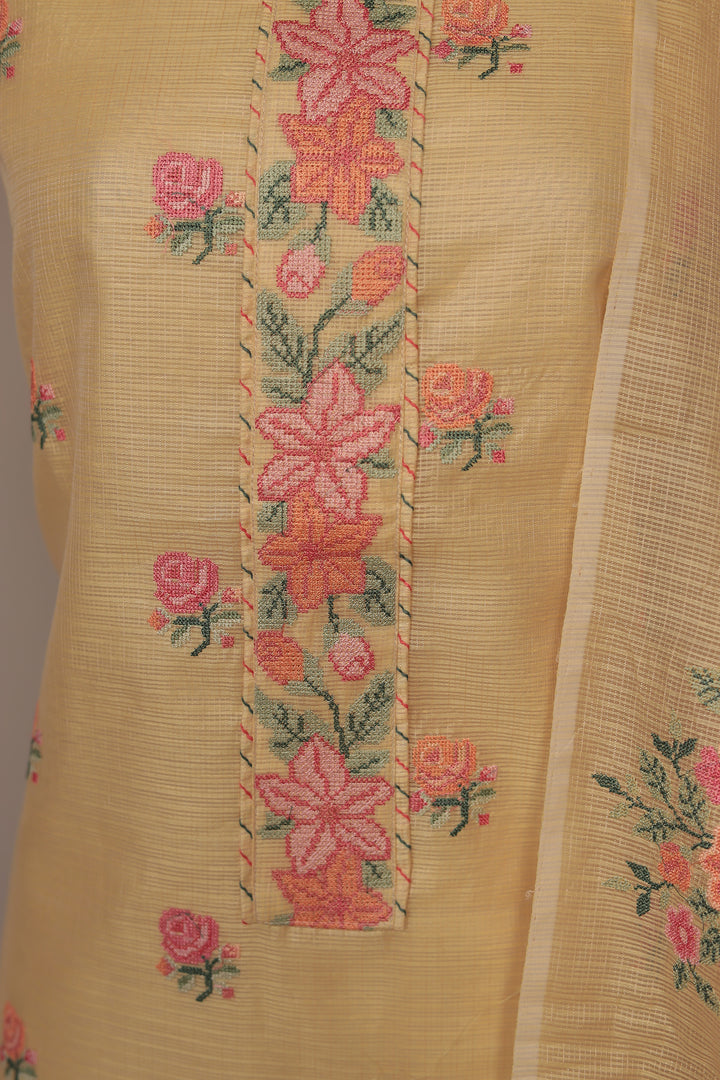 Kota Doria Unstitched Suit with Thread work