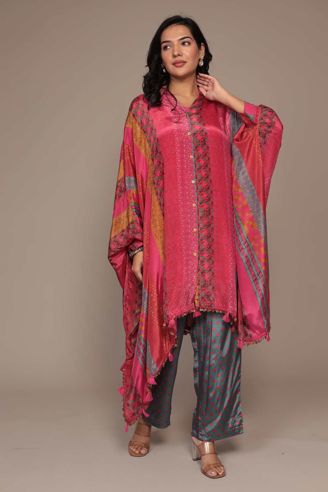 Printed Chinon Kaftan Set with Embellished work