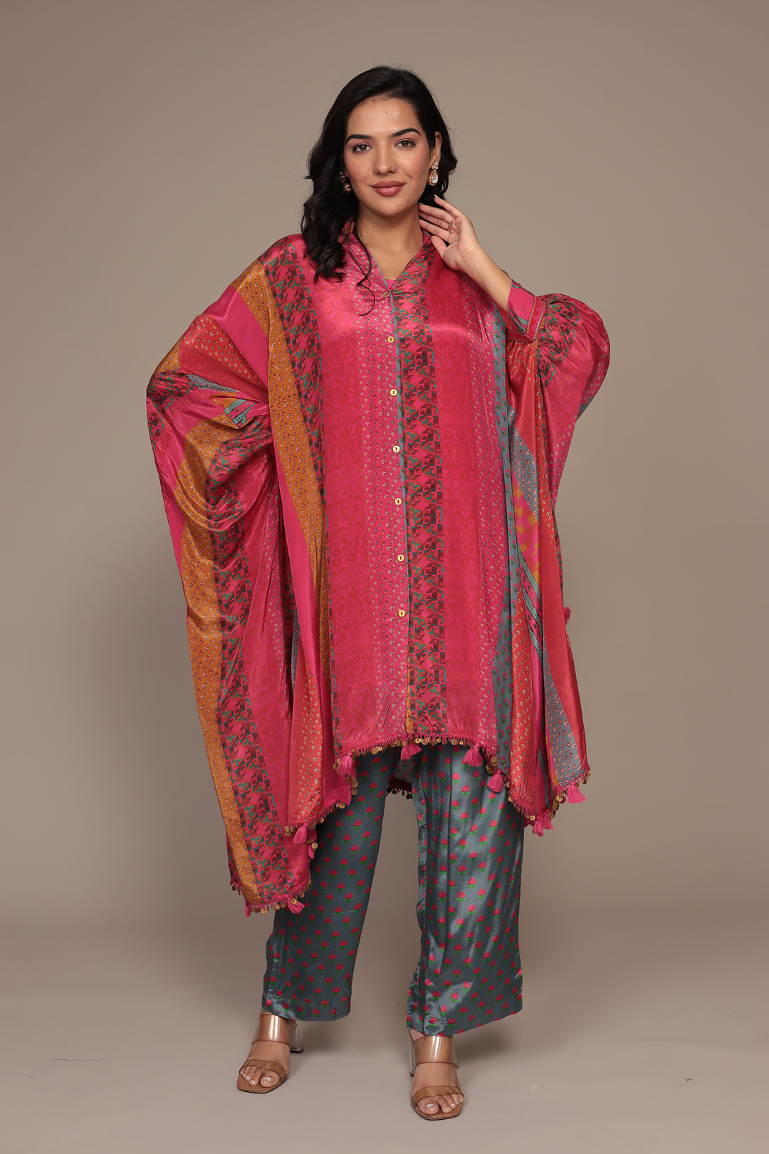 Printed Chinon Kaftan Set with Embellished work