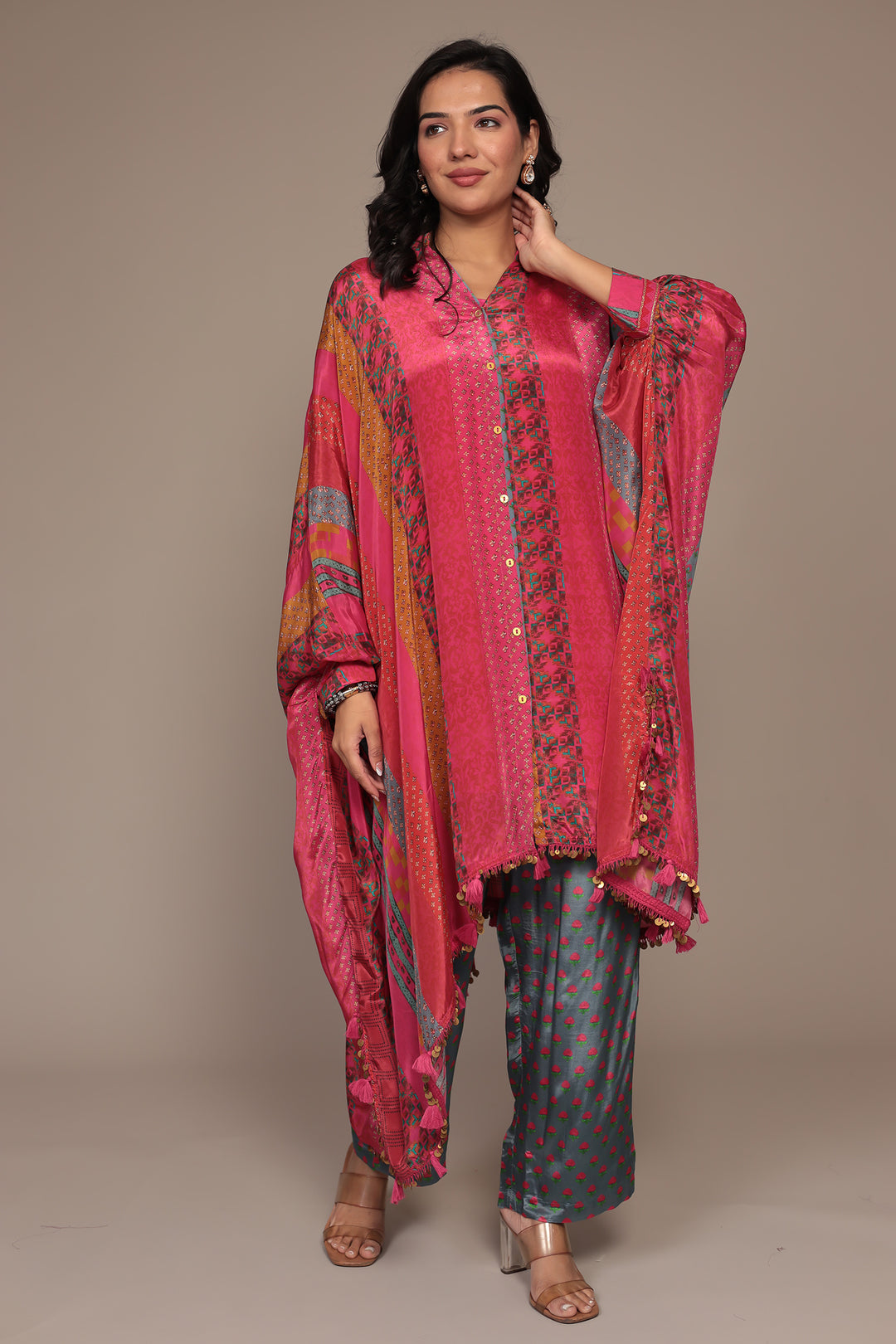 Printed Chinon Kaftan Set with Embellished work