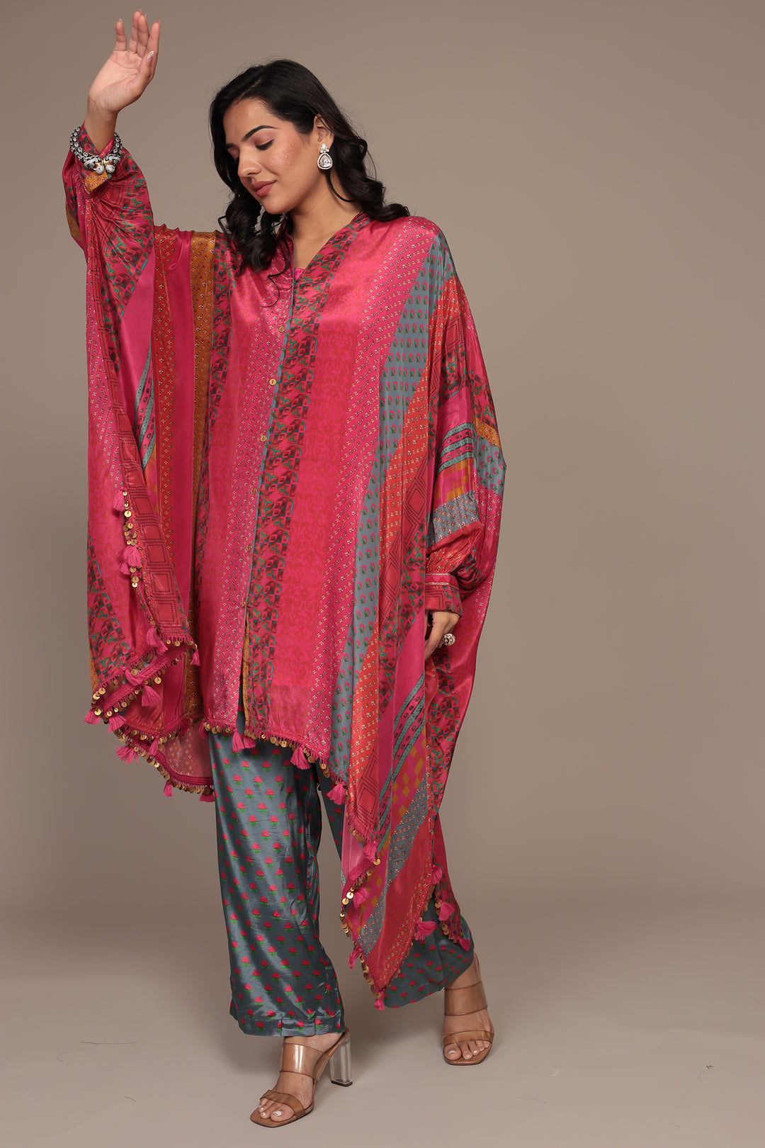 Printed Chinon Kaftan Set with Embellished work