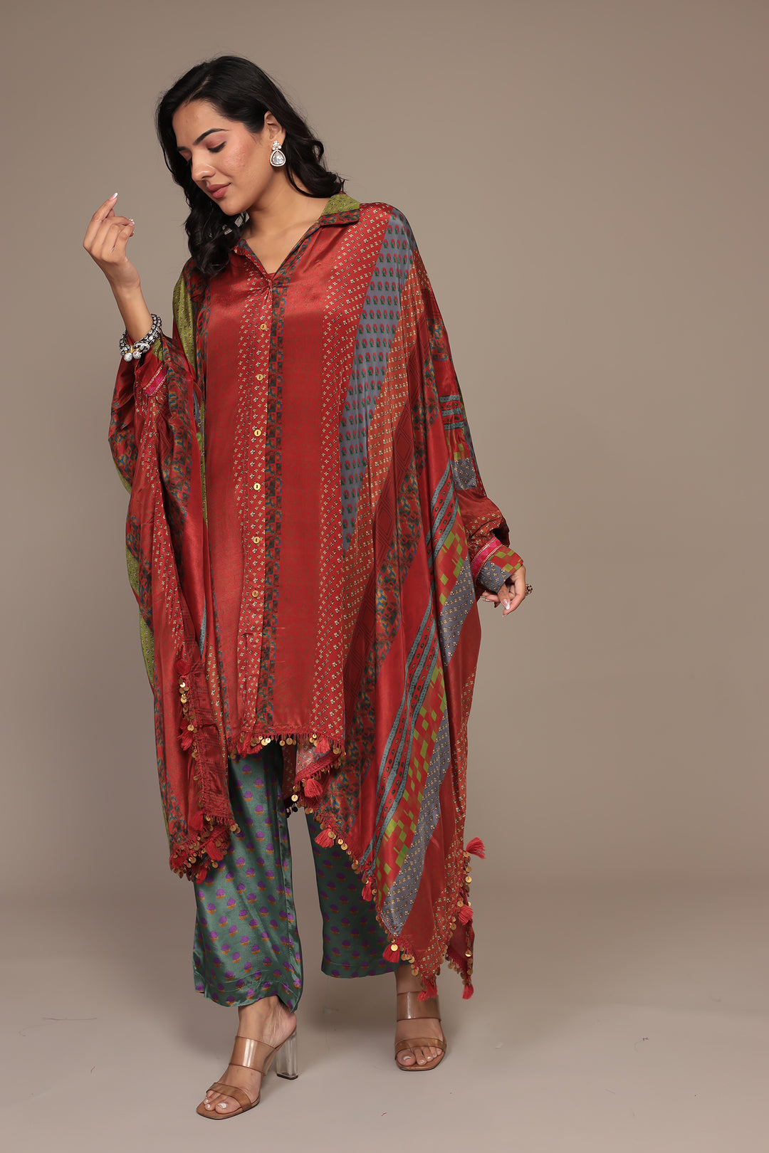 Printed Chinon Kaftan Set with Embellished work