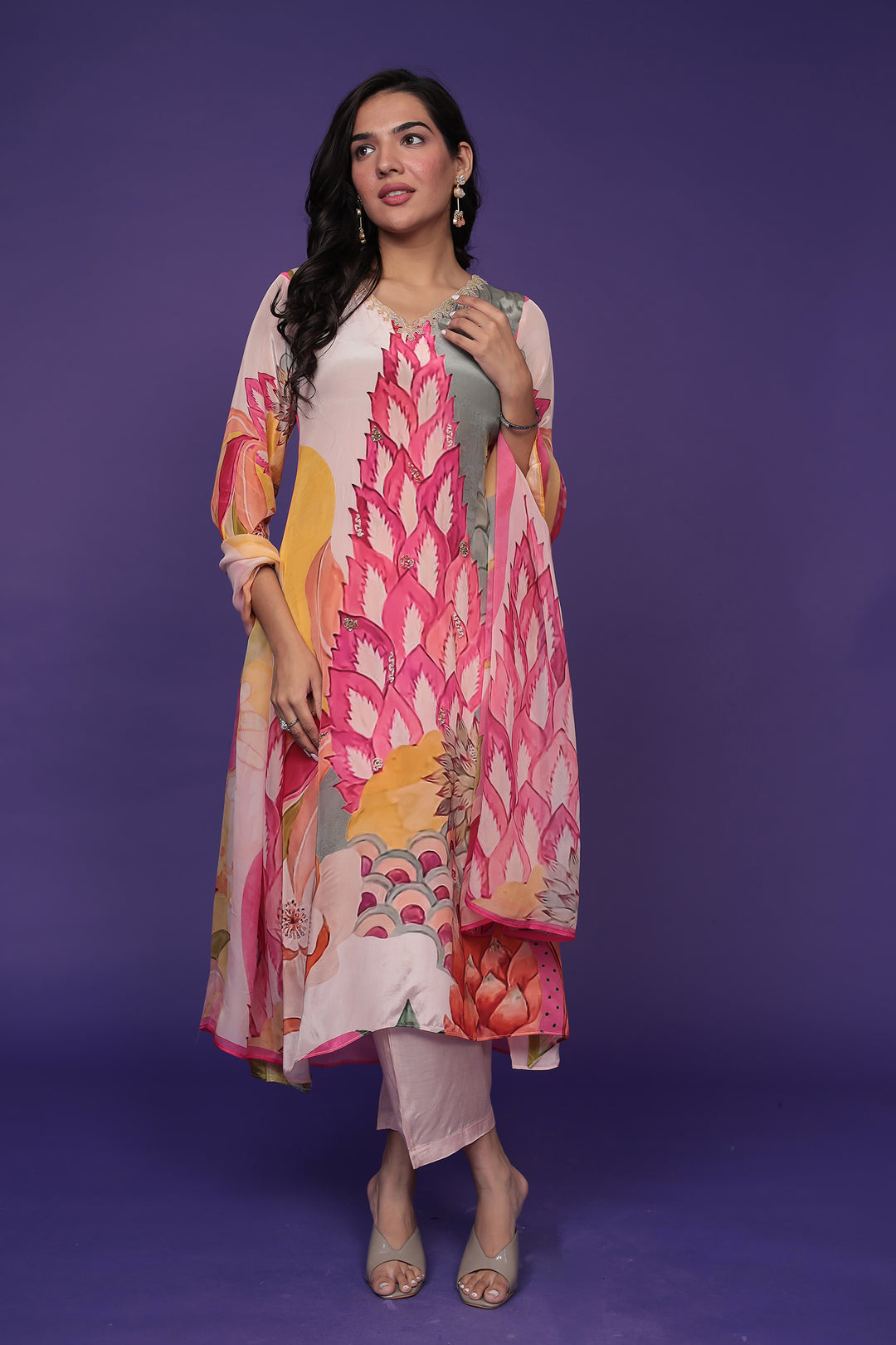 Printed Silk Kurta Set Stitched with Embellished work