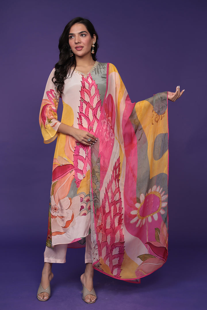 Printed Silk Kurta Set Stitched with Embellished work