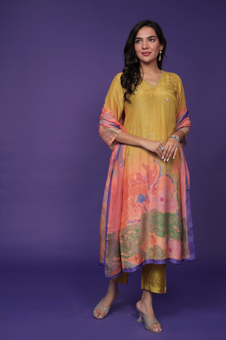 Printed Silk Kurta Set Stitched