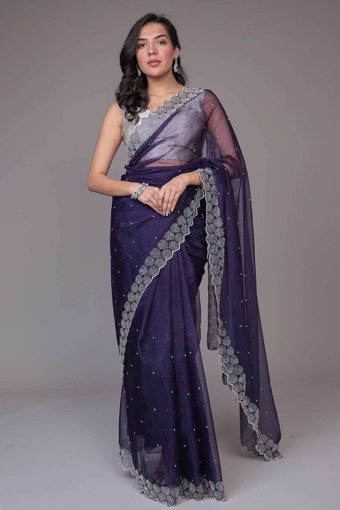 Saree in Sheer Net with Fancy Embellishment Work