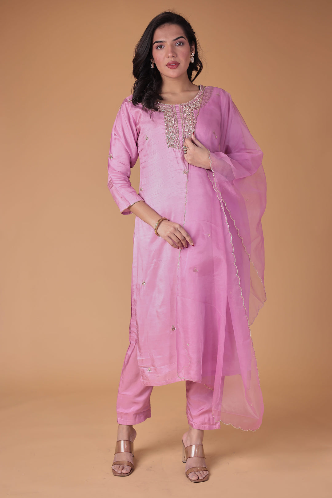 Silk Blend Suit with Thread and Zardozi work