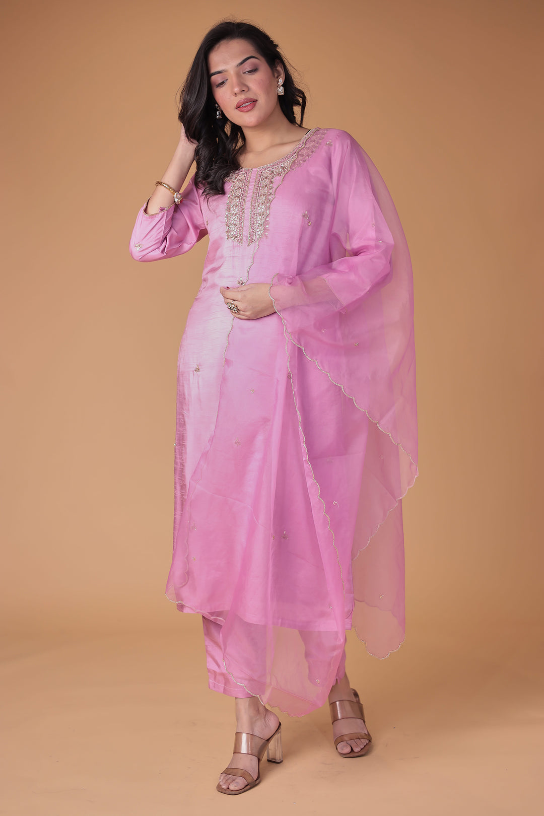 Silk Blend Suit with Thread and Zardozi work