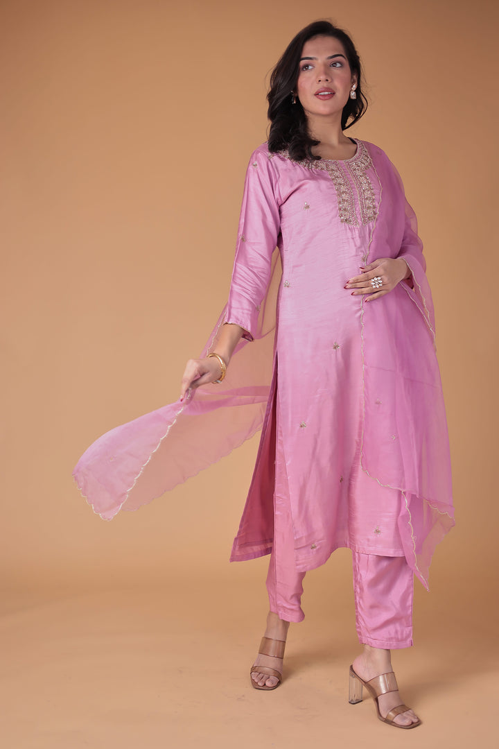 Silk Blend Suit with Thread and Zardozi work