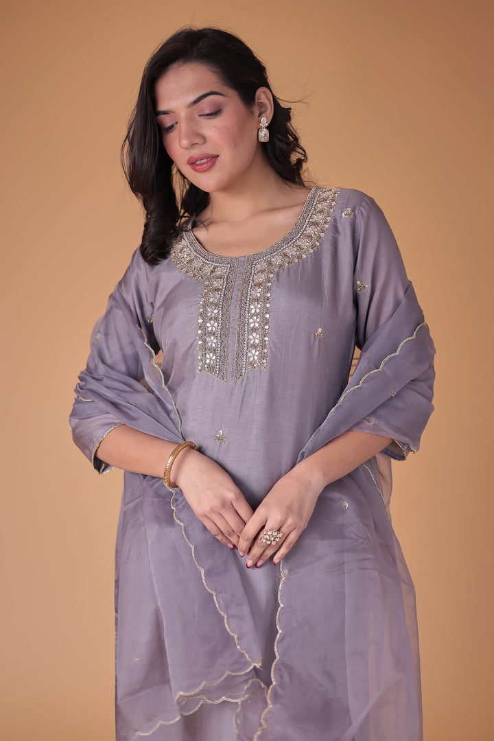 Silk Blend Suit with Thread and Zardozi work