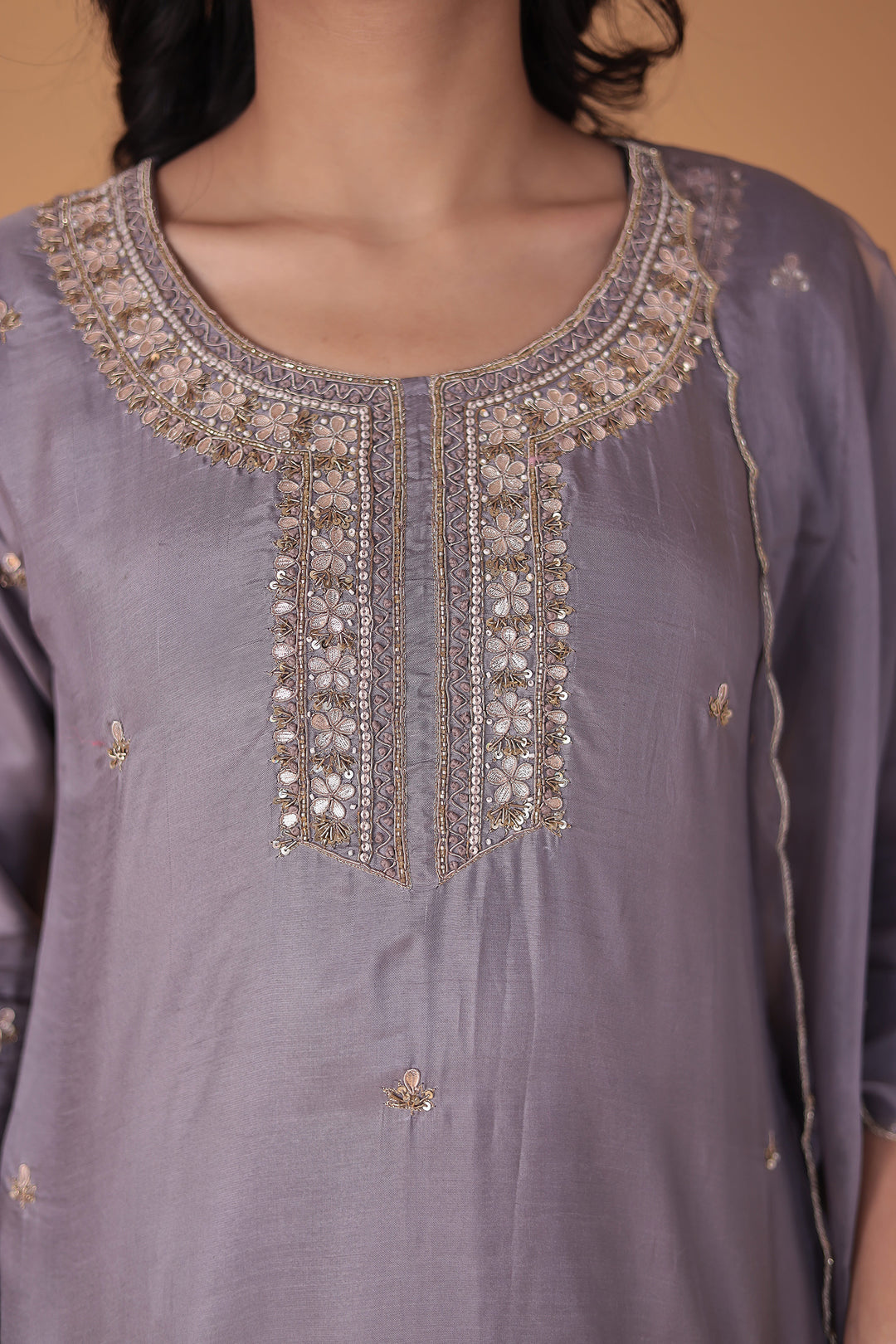 Silk Blend Suit with Thread and Zardozi work