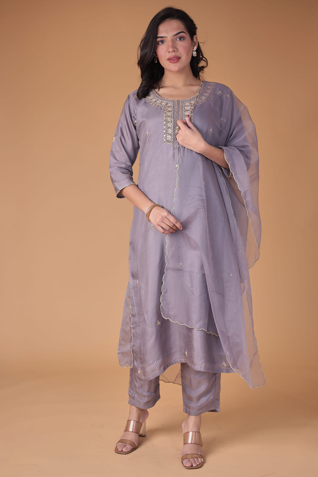 Silk Blend Suit with Thread and Zardozi work