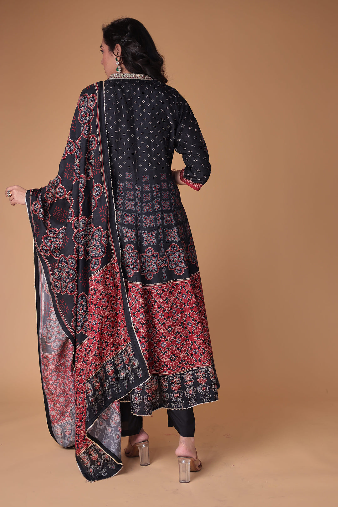 Black Printed Anarkali Silk Suit with Zardozi work