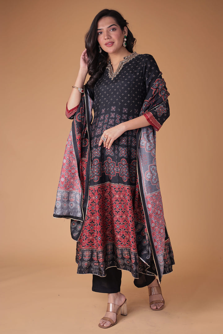 Black Printed Anarkali Silk Suit with Zardozi work