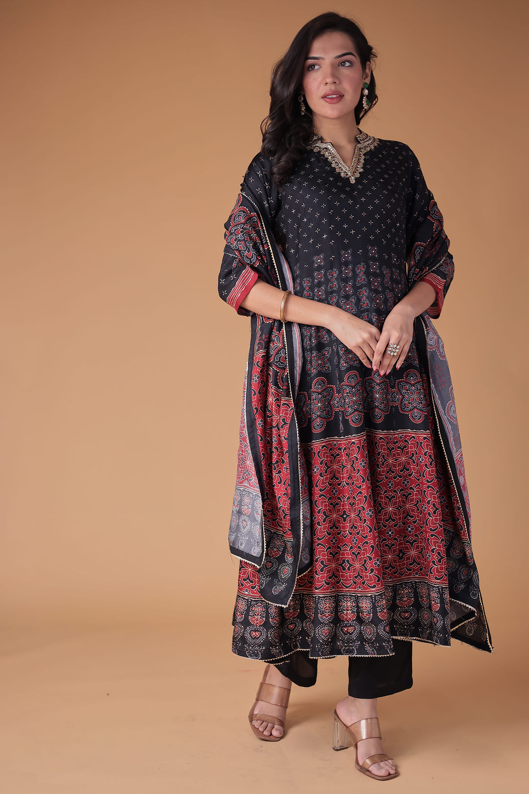 Black Printed Anarkali Silk Suit with Zardozi work