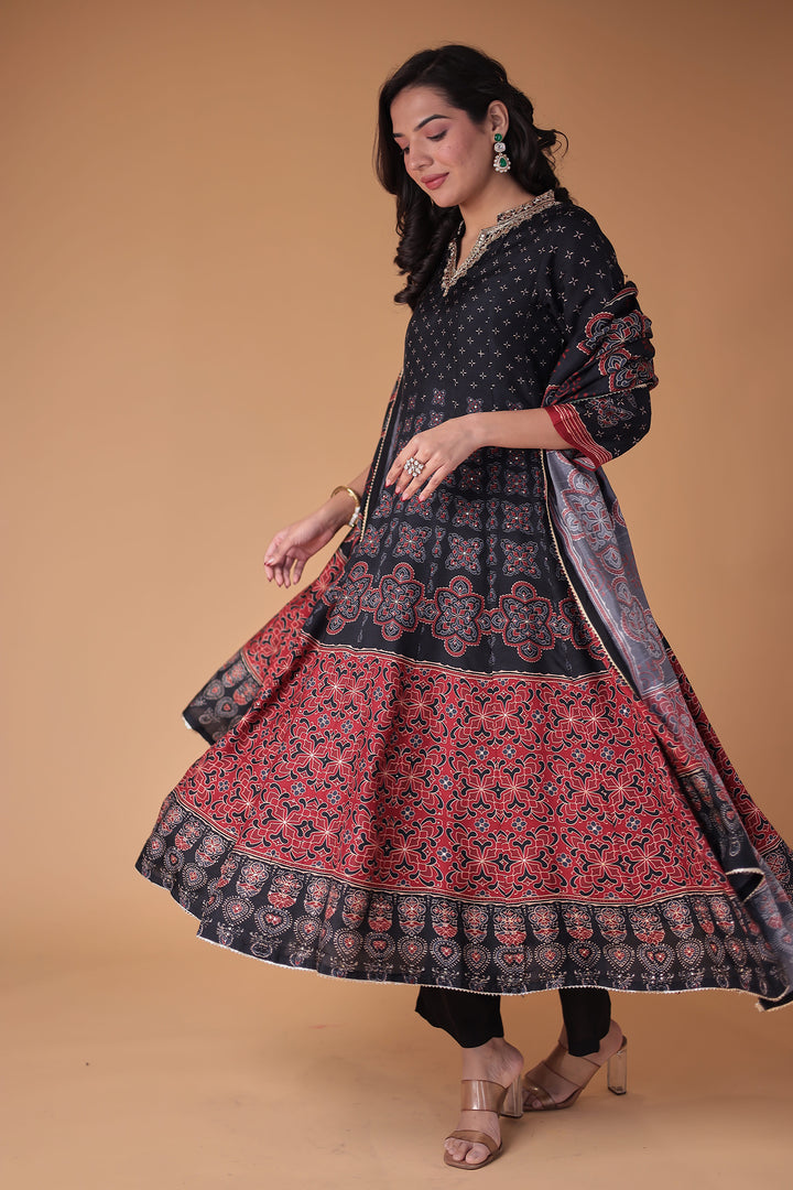 Black Printed Anarkali Silk Suit with Zardozi work