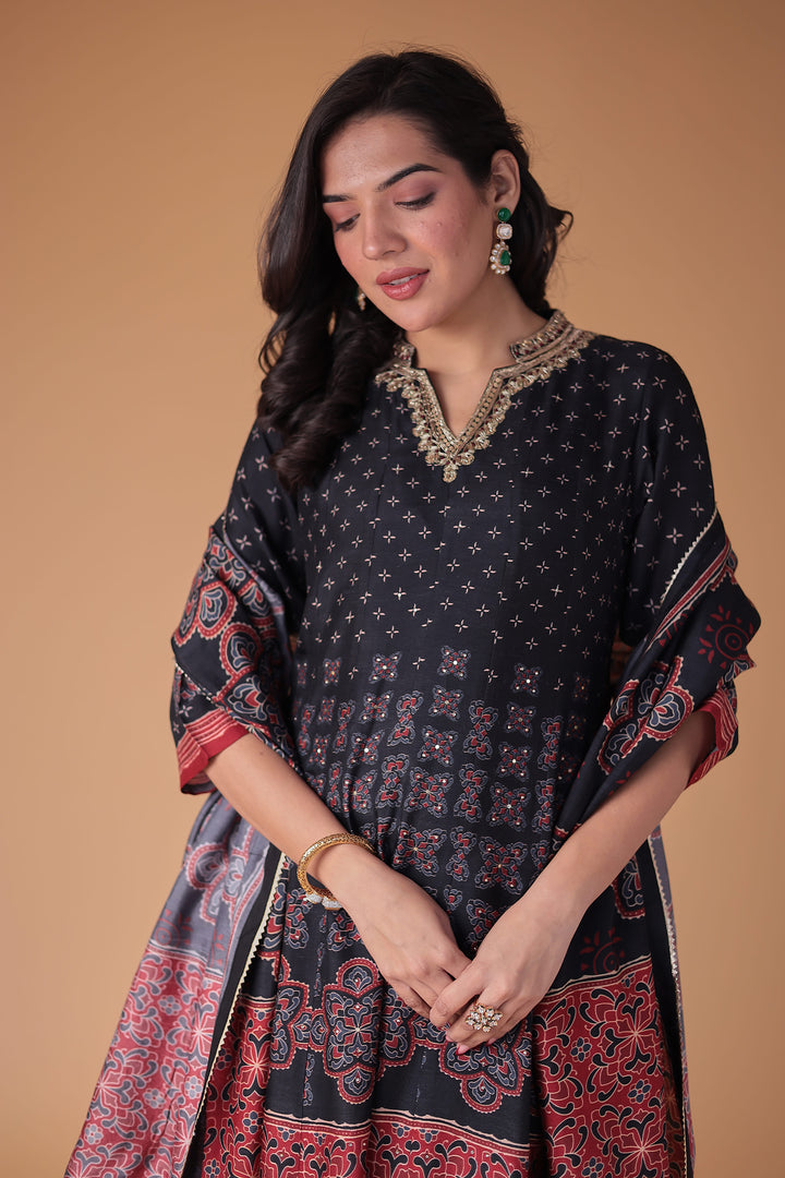 Black Printed Anarkali Silk Suit with Zardozi work