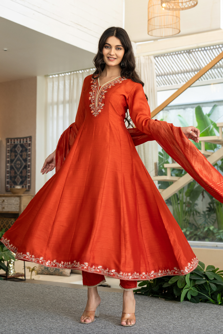 Silk Anarkali Kurta Set with Pearl and Embroidered work