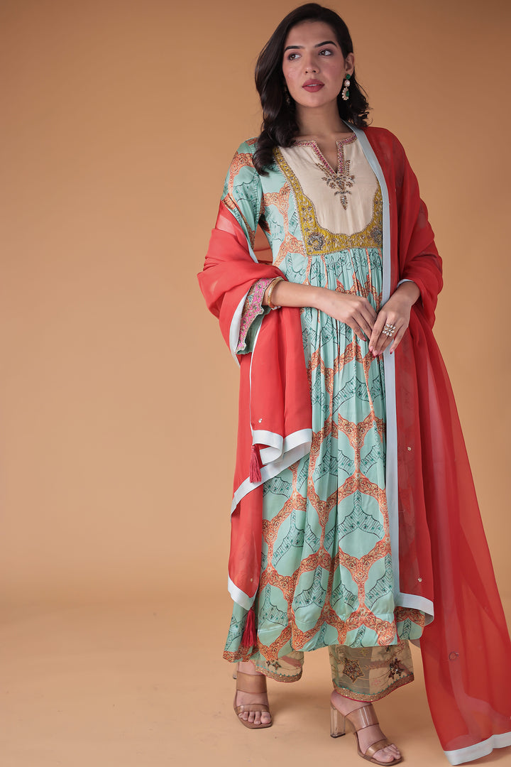 Printed Anarkali Satin Silk Suit with Embellished work