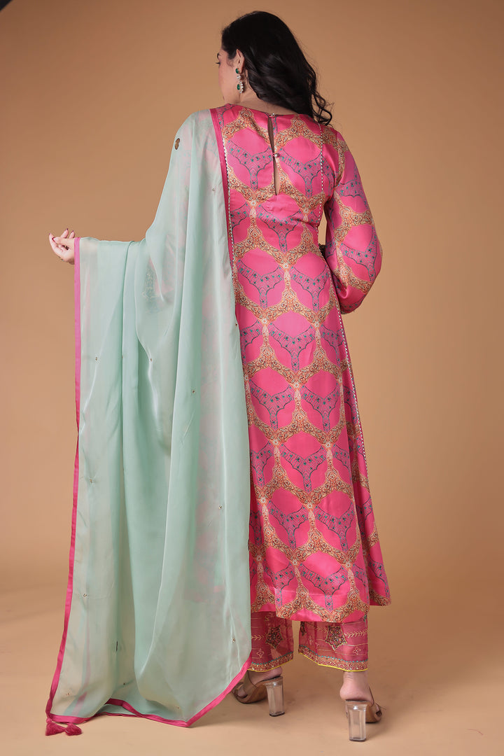 Printed Anarkali Satin Silk Suit with Embellished work